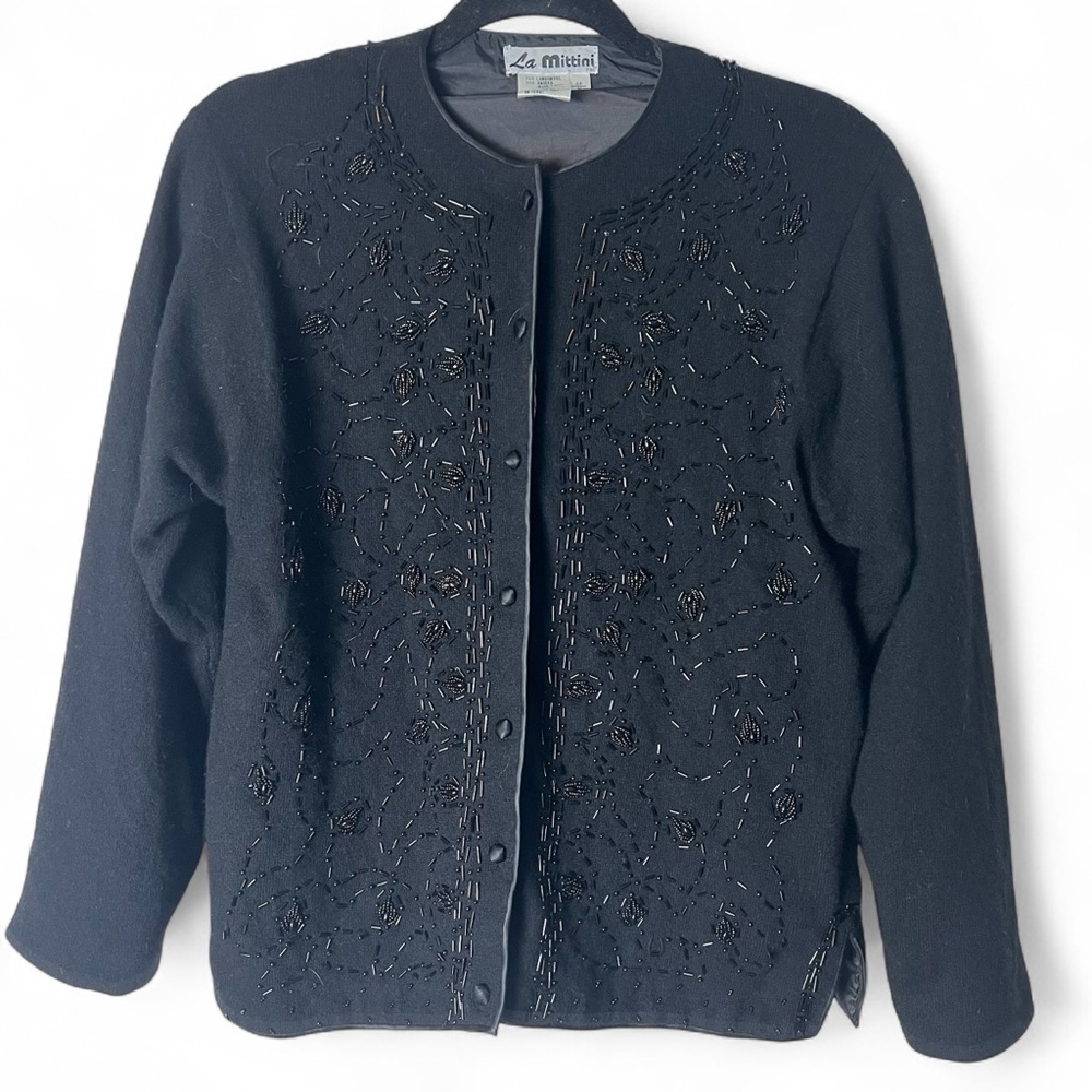La Mittini - Women's Vintage Beaded Lambswool Angora Cardigan Black Lined - Sz M